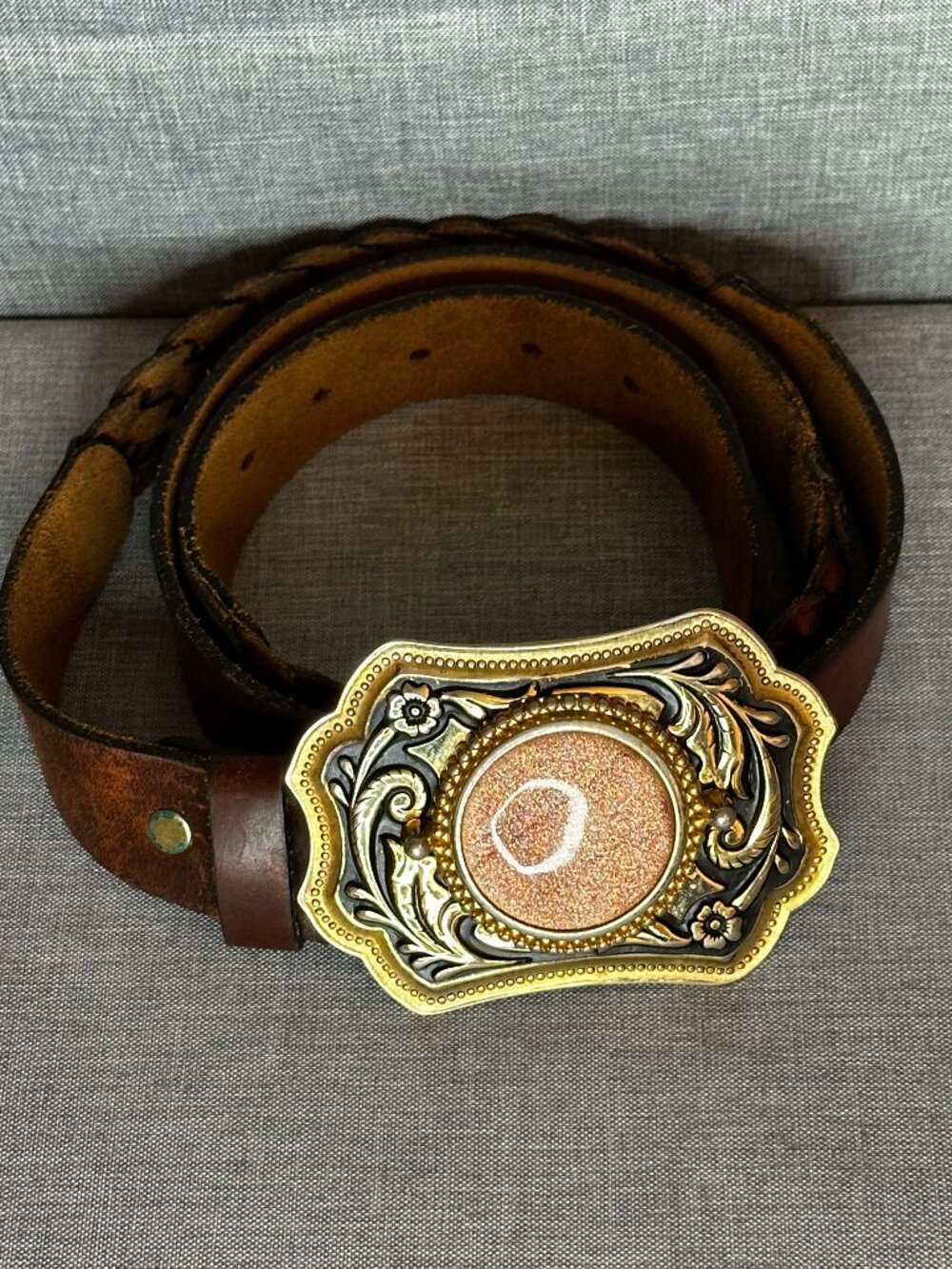 Gold stone brass Western Belt Buckle brown Leather braided cowboy rodeo 38-42